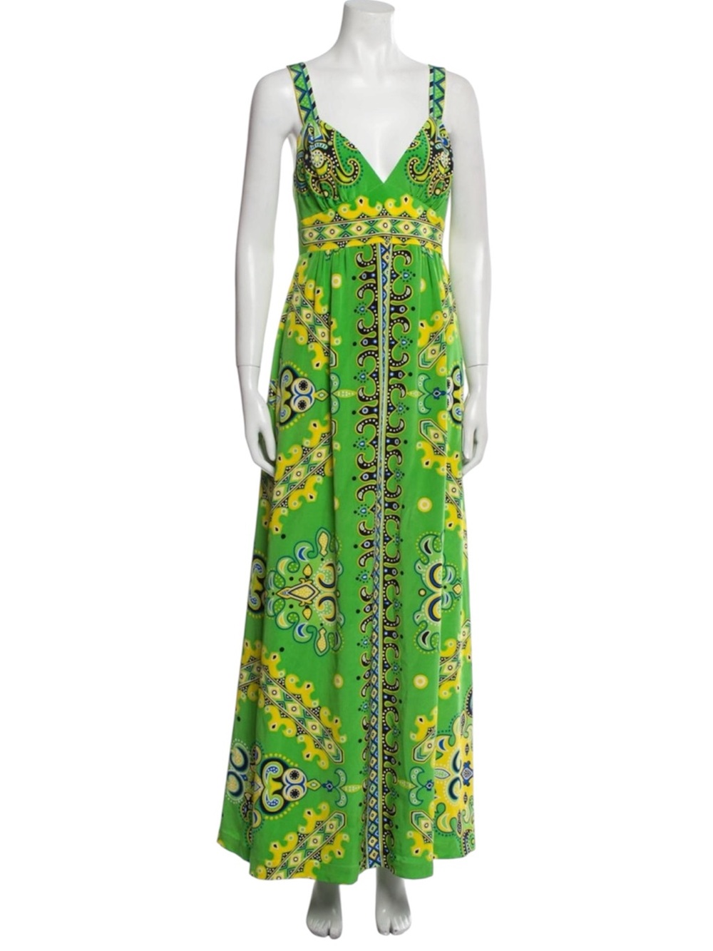 Tibi New York Silk Maxi Dress Green Geometric Print Sleeveless Size 8